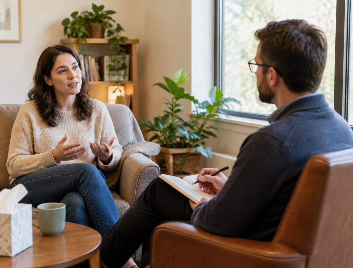 Two adults having a calm counseling conversation in a comfortable private room