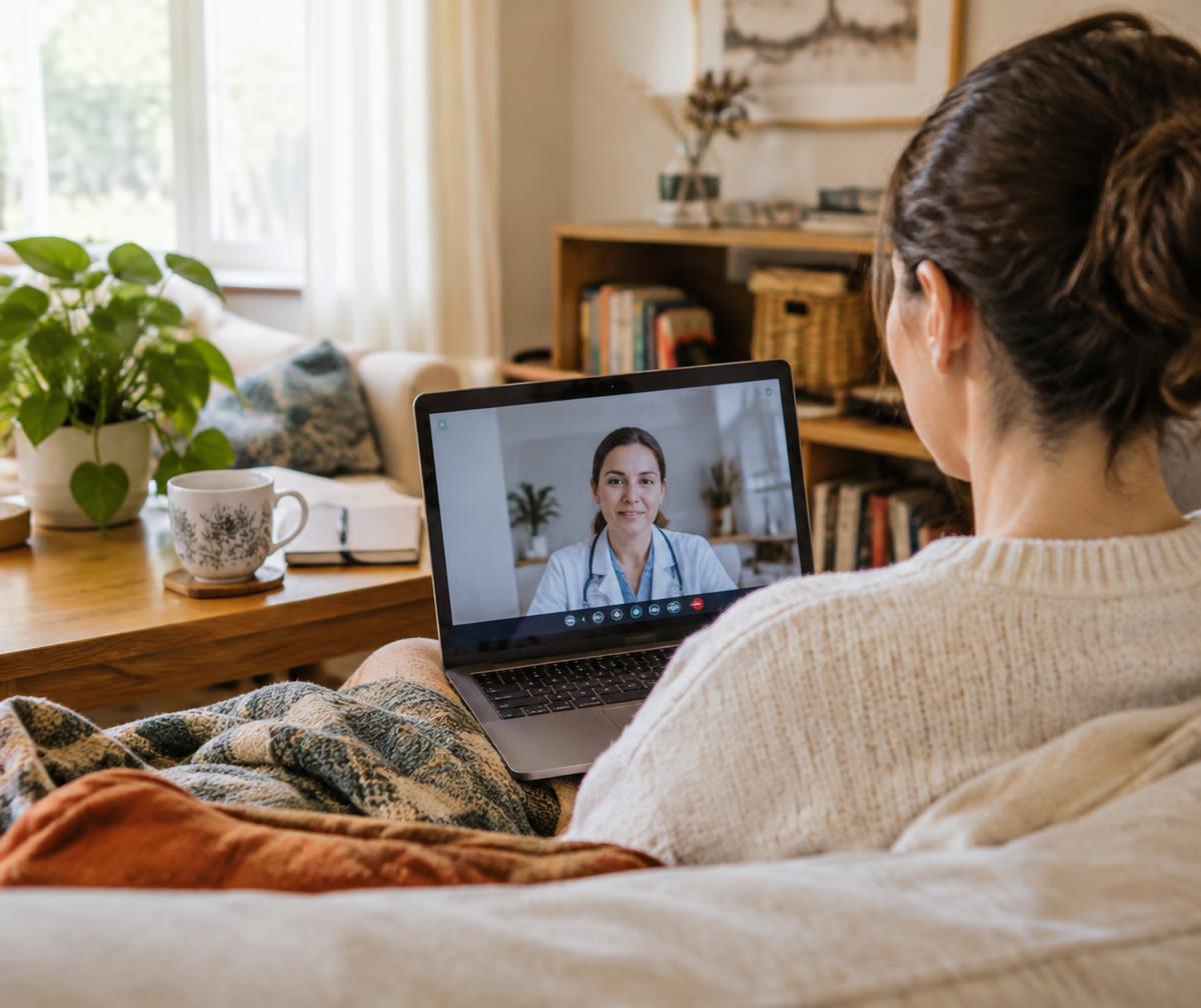 An adult attending a private video consultation on a laptop from home